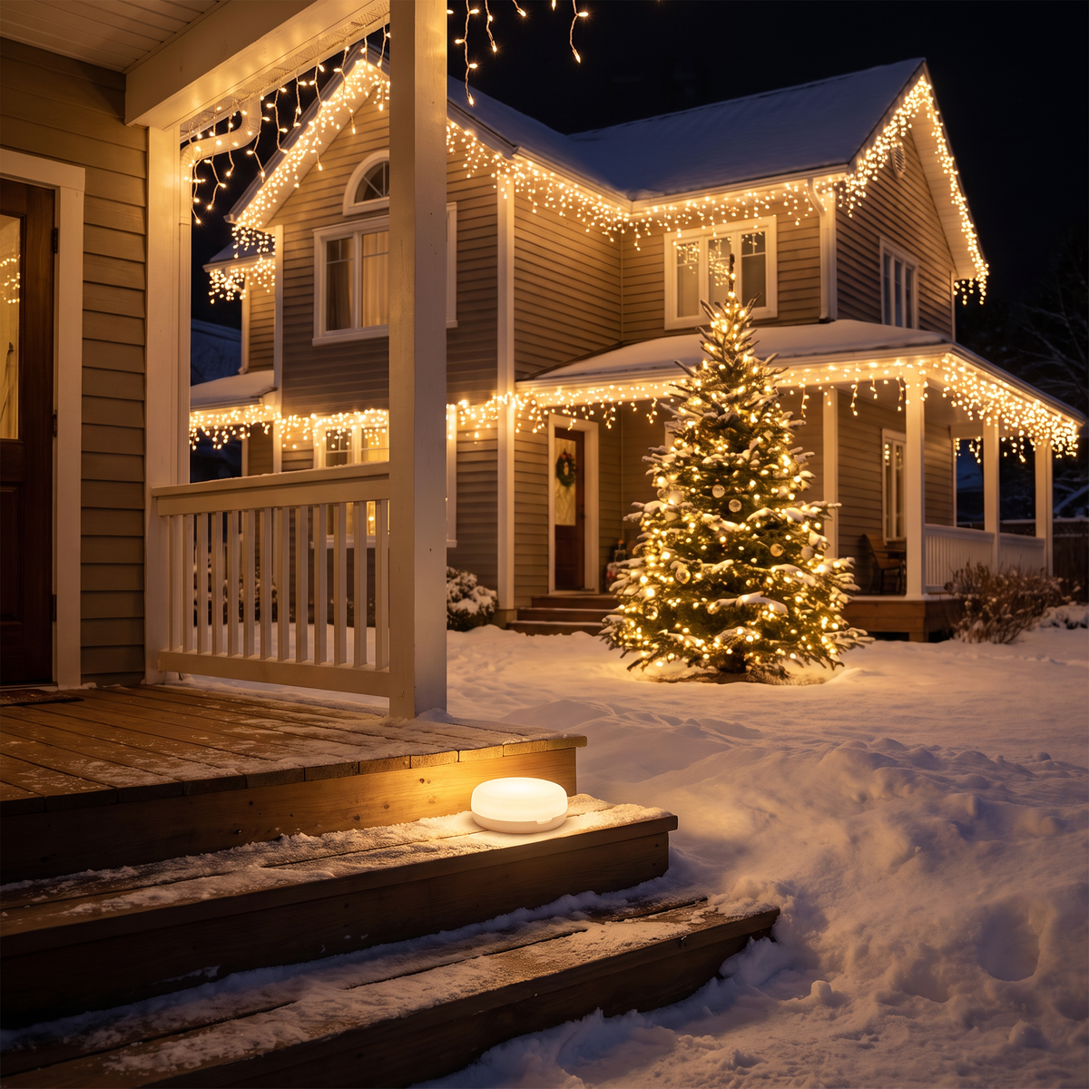 Kleine LED-Lampe auf der Verandatreppe vor einem Haus mit Weihnachtsbeleuchtung